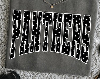 Panthers PNG, Polka Dot Panthers Mascot PNG, Varsity School Spirit Game Day Shirt Design, Team Spirit Sublimation PNG