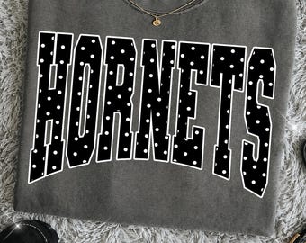 Hornets PNG, Polka Dot Hornets Mascot PNG, Varsity School Spirit Game Day Shirt Design, Team Spirit Sublimation PNG
