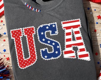 USA PNG, Patriotisk kokett USA-skjortdesign, Röd Vit Blå Stjärnor Randig Prickig, 4 juli Sublimering PNG