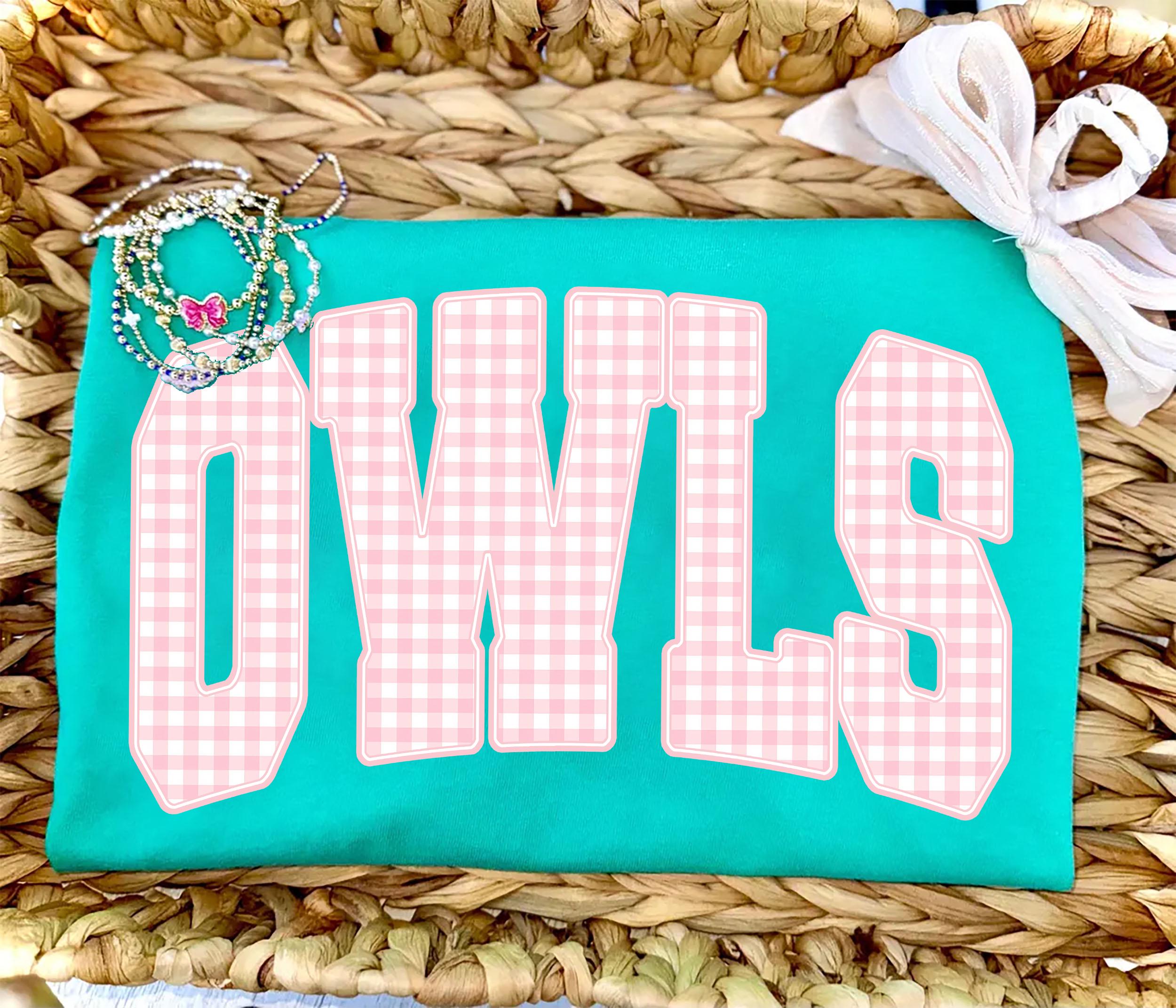 Owls PNG, Pink Gingham Owls Mascot, Preppy Varsity Owls, School Spirit Game Day Shirt Design, Girly 