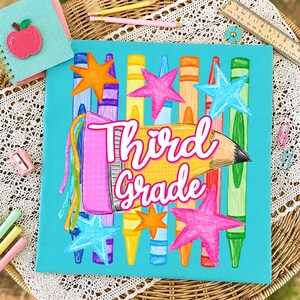 May include: A turquoise square graphic featuring a horizontal yellow pencil with a pink eraser and the white text Third Grade. The background displays vertical crayon illustrations in purple, yellow, orange, blue, red, and green, accented by colorful hand-drawn stars.