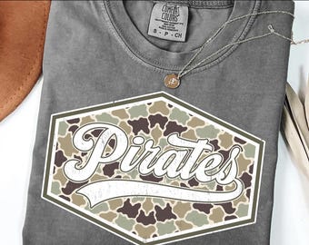 Pirates PNG, Camo Script Pirates Mascot PNG, School Spirit Game Day Shirt Design, Team Spirit Sublimation PNG, Mascot Shirt Png