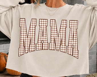 Mama PNG, Brown Gingham Mama PNG, Varsity Mama PNG, Fall Mama Png, Mama Shirt Design, Gingham Plaid Sublimation Png