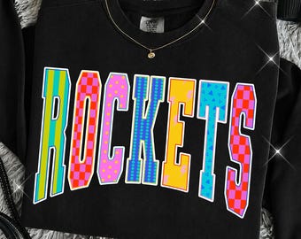 Rockets PNG, Colorful Rockets Mascot PNG, Striped Polka Dot Preppy Pattern, School Mascot Spirit Shirt Design, Game Day Sublimation PNG