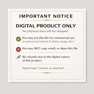 Może przedstawiać: Kwadratowe powiadomienie o produkcie cyfrowym z czarnym tekstem na białym tle. Zawiera treść: IMPORTANT NOTICE, DIGITAL PRODUCT ONLY, No physical item will be shipped. Zawiera ikony dotyczące użytku komercyjnego, zakazu odsprzedaży i braku zwrot&oacute;w.