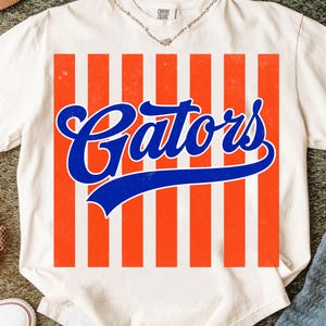 May include: A white short-sleeved t-shirt featuring a graphic print of vertical orange and white stripes. Centered over the stripes is the word "Gators" written in a bold, blue, cursive script font with a distressed, vintage-style texture.