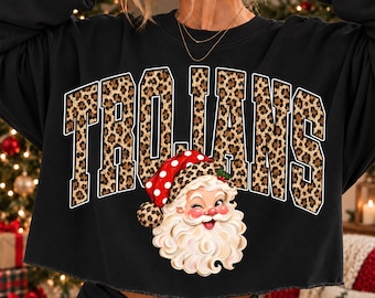 Trojans Christmas PNG, Santa Trojans Mascot PNG, Leopard Trojans PNG, Varsity School Spirit Shirt Design, Holiday Sublimation Png