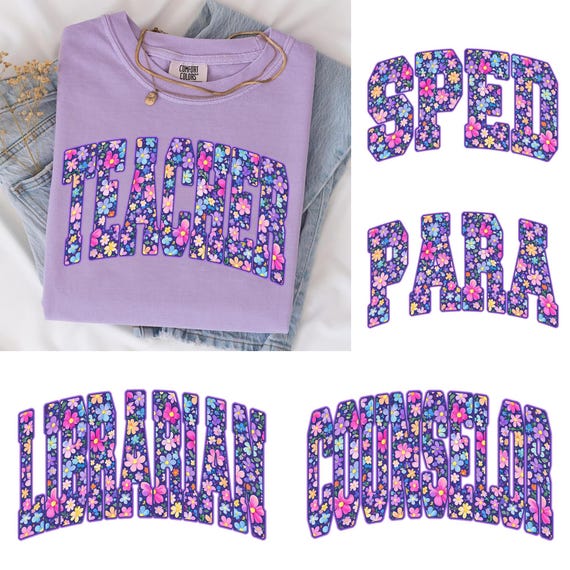 Teacher Floral Spring PNG Bundle, SPED Para Counselor Librarian Shirt Design, Teacher Appreciation Gift, Flower Sublimation Instant Download