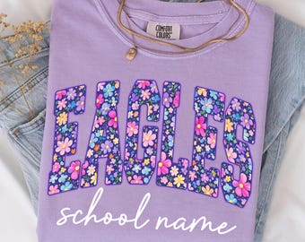 Mascota PNG personalizada, nombre de mascota escolar personalizado, letras florales universitarias, diseño de sublimación de nombre escolar personalizado, día de juego con espíritu escolar