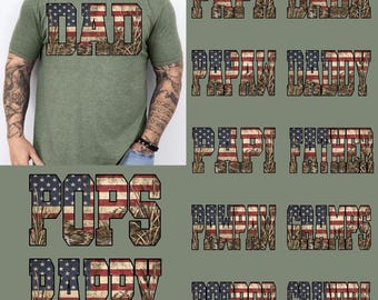 Amerikansk flagga pappa PNG-paket, patriotisk jaktpappa pappa morfar PNG, 4 juli kamouflage-tröja med anka, fars dag-sublimering PNG