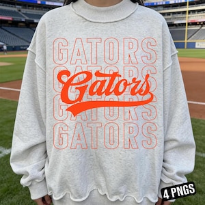 May include: A light gray sweatshirt with the word "GATORS" in orange, repeated vertically. The word "Gators" is in a script font. The sweatshirt has a crew neck and a slightly distressed hemline. The background shows a baseball field.