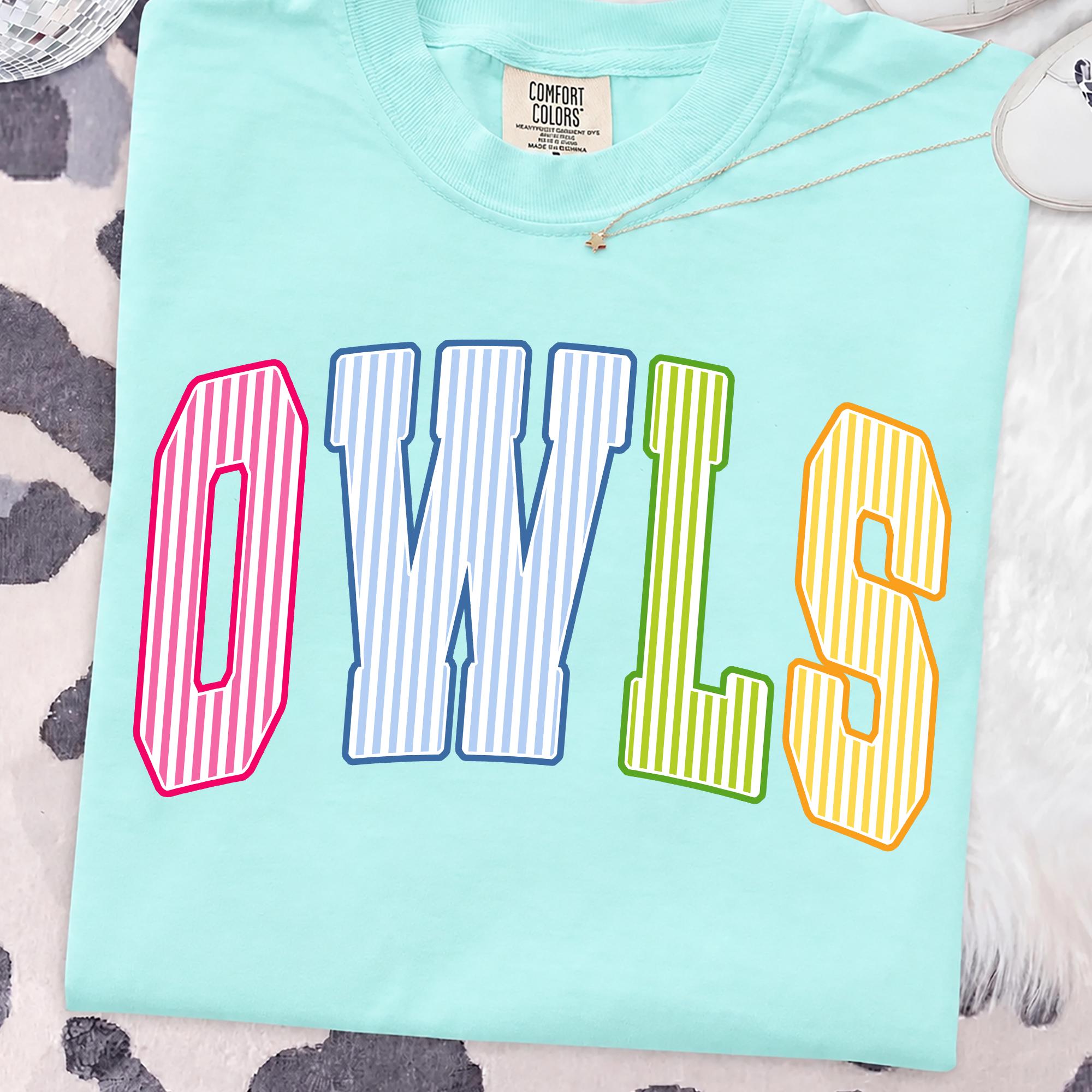 Owls PNG, Colorful Striped Owls Mascot PNG, Varsity School Spirit Game Day Shirt Design, Team Spirit