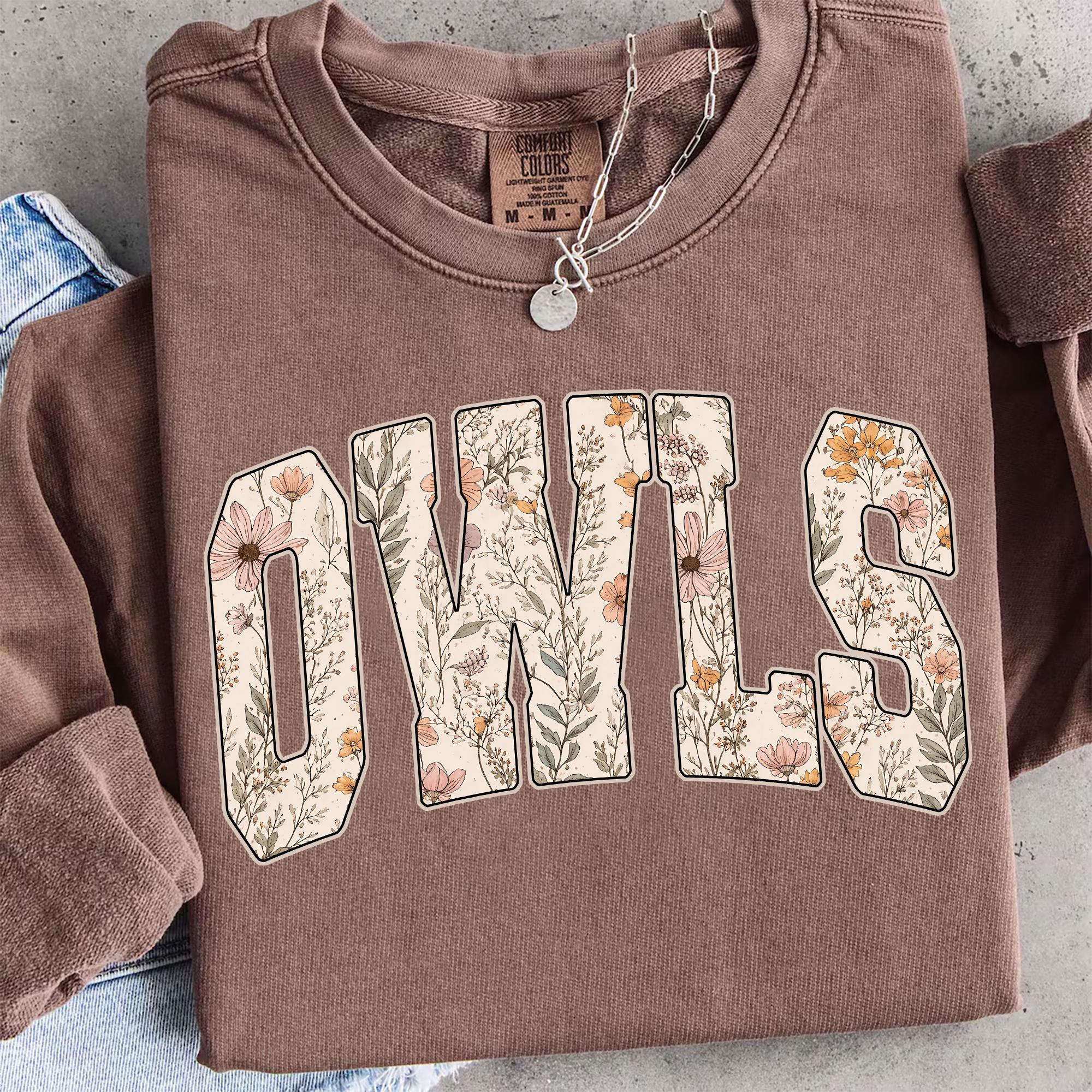 Owls Mascot PNG, Floral Wildflower Owls, Varsity Team School Spirit, Game Day Shirt Design, Sublimat