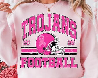 Pink Out Trojans PNG, Trojans Football PNG, Breast Cancer Awareness Game Day, Pink Ribbon Football Helmet School Spirit Sublimation PNG