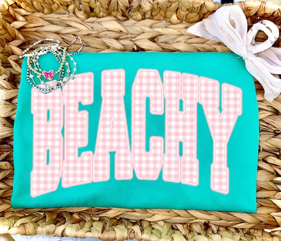 Beachy PNG, Pink Gingham Varsity Beachy Shirt Design, Preppy Coquette Coastal Beach Vibes Cute Summer Vacation Graphic Sublimation