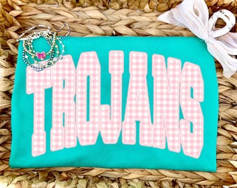 Trojans PNG, Pink Gingham Trojans Mascot, Preppy Varsity Trojans, School Spirit Game Day Shirt Design, Girly Team Mascot Sublimation PNG