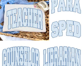 Paquete de imágenes PNG de rayas azules para maestros, diseño de camiseta para auxiliar de educación especial, consejero o bibliotecario, regalo de agradecimiento para maestros, descarga instantánea para sublimación universitaria.