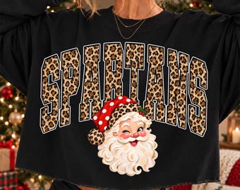 Spartans Christmas PNG, Santa Spartans Mascot PNG, Leopard Spartans PNG, Varsity School Spirit Shirt Design, Holiday Sublimation Png