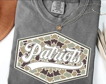 Patriots PNG, Camo Script Patriots Mascot PNG, School Spirit Game Day Shirt Design, Team Spirit Sublimation PNG, Mascot Shirt Png