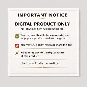 May include: A beige-colored digital product notice with the text "IMPORTANT NOTICE" and "DIGITAL PRODUCT ONLY". The notice states that no physical item will be shipped and outlines usage terms, including commercial use for physical products. It also states no refunds.