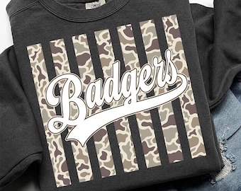 Badgers PNG, Camo Striped Badgers Mascot PNG, School Spirit Game Day Shirt Design, Team Spirit Sublimation PNG