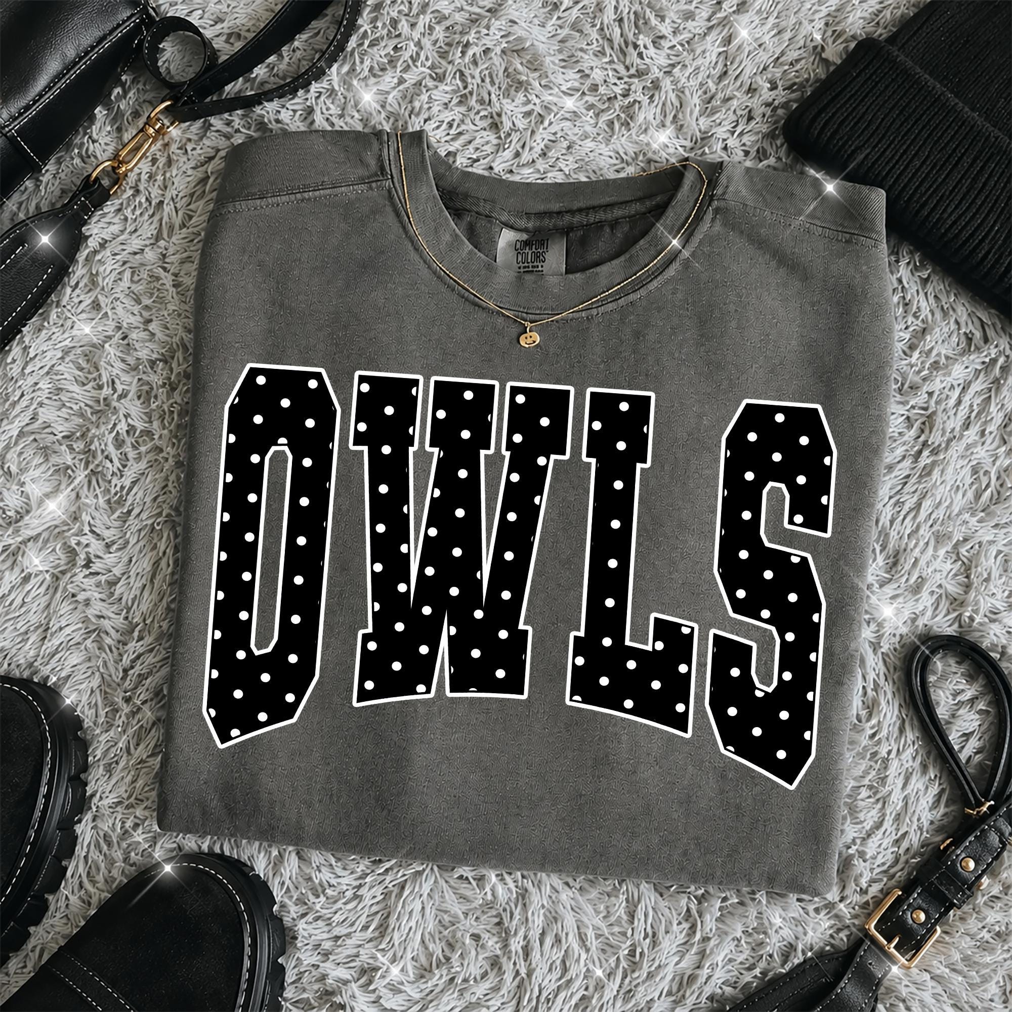 Owls PNG, Polka Dot Owls Mascot PNG, Varsity School Spirit Game Day Shirt Design, Team Spirit Sublim