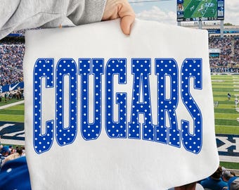Cougars PNG, Polka Dot Cougars Mascot PNG, Varsity School Spirit Game Day Shirt Design, Team Spirit Sublimation PNG