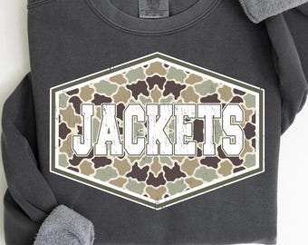Jackets PNG, Camo Jackets Mascot PNG, Varsity School Spirit Game Day Shirt Design, Team Spirit Sublimation PNG