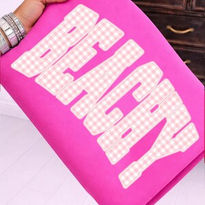 Beachy PNG, Pink Gingham Varsity Beachy Shirt Design, Preppy Coquette Coastal Beach Vibes Cute Summer Vacation Graphic Sublimation image 3