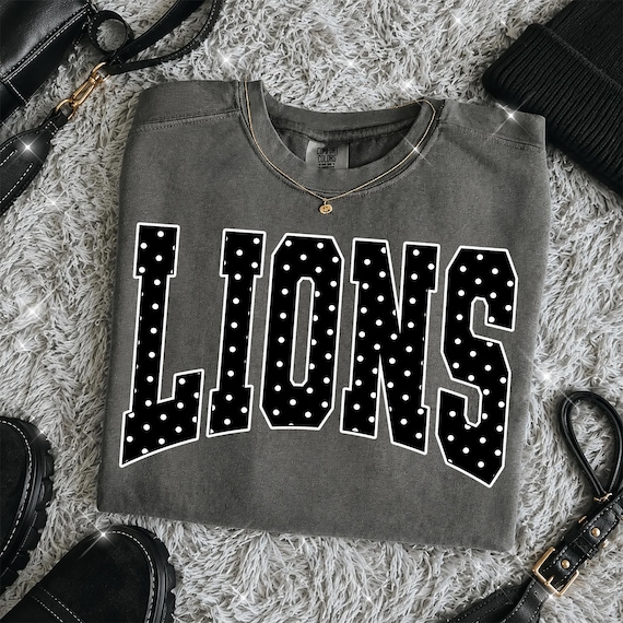Lions PNG, Polka Dot Lions Mascot PNG, Varsity School Spirit Game Day Shirt Design, Team Spirit Sublimation PNG