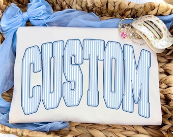 Custom Name PNG, Personalized Blue Seersucker Stripe Name Design, Preppy Varsity Letter PNG, Sublimation PNG for Shirt, Instant Download