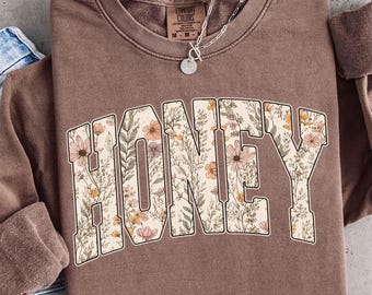 Honey PNG, Floral Wildflower Honey Shirt Design, Boho Varsity Honey Graphic, Cute Honey Gift, Sublimation File, Instant Download