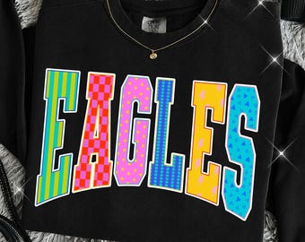 Eagles PNG, Colorful Eagles Mascot PNG, Striped Polka Dot Preppy Pattern, School Mascot Spirit Shirt Design, Game Day Sublimation PNG