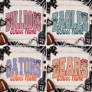 Nombre de mascota personalizado y lazo con el nombre de la escuela PNG, diseño de camiseta personalizada con el espíritu escolar y la mascota del equipo, descarga de Coquette Game Day Cheer Football