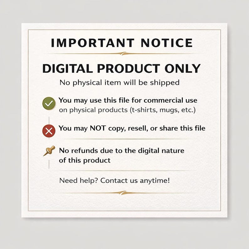 Op de afbeelding: Een rechthoekige digitale productkennisgeving met een cr&egrave;mekleurige achtergrond en decoratieve rand. De tekst luidt "BELANGRIJKE KENNISGEVING" en "ALLEEN DIGITAAL PRODUCT". Er staat dat er geen fysiek item wordt verzonden en details over gebruiksrechten en restitutiebeleid.