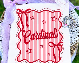 Cardenales PNG, Mascota Cardenales Rayados Coquette Bow PNG, Diseño de Camiseta para Día de Juego de Equipo Escolar, Sublimación PNG