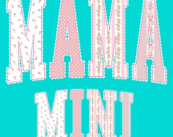 Mama Mini PNG Bundle, Mama und ich Passendes Shirt Design, Rosa Floral Varsity Buchstaben, Preppy Coquette Lace Sublimation Download