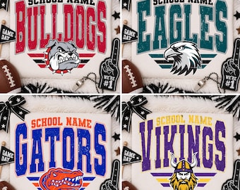 Custom Mascot Name & School Name PNG, Personalized Retro School Mascot Shirt Design, Varsity Letters School Spirit Game Day Team Download