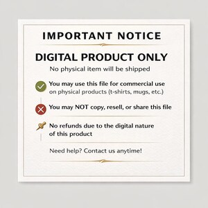May include: A rectangular digital product notice with a cream-colored background and decorative border. The text reads "IMPORTANT NOTICE" and "DIGITAL PRODUCT ONLY." It states that no physical item will be shipped and details usage rights and refund policies.