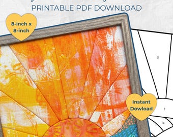 May include: A Kinusaiga pattern printable PDF download featuring a sunburst design in orange, yellow, and pink hues above a floral landscape. The framed artwork measures 8-inch x 8-inch and includes a numbered line drawing template for assembly.