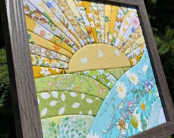 You Are My Sunshine | Kinusaiga Sunrise Fabric Art | Fabric Mosaic Landscape | Sunshine and Wildflowers Fiber Art | Cottagecore