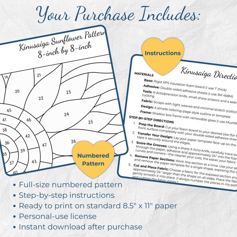 May include: A Kinusaiga sunflower pattern template measuring 8 inches by 8 inches with numbered sections, alongside a document titled Kinusaiga Directions listing materials and step-by-step instructions for printing on 8.5 inch by 11 inch paper.