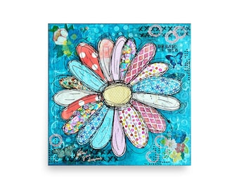 Dream Big Daisy Mixed Media Art Print, 12x12, Inspirational Flower Wall Art, Colorful Boho Artwork
