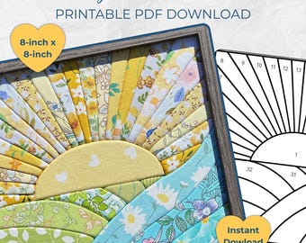 May include: A Kinusaiga sunshine pattern printable PDF download featuring a fabric art piece with a sun and landscape design in yellow, green, and blue floral prints. The finished piece is 8-inch by 8-inch and includes a numbered template guide.