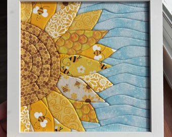 Sunflower Art | Kinusaiga Fabric Art | Fabric Mosaic | Honey Bee Decor | Flower Wall Art