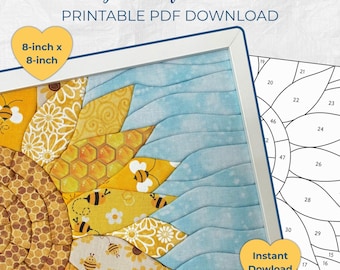 May include: A Kinusaiga sunflower pattern printable PDF download featuring a fabric art design with yellow, orange, and blue sections, honeycomb and bee motifs, and a numbered template. The finished square design measures 8-inch by 8-inch.