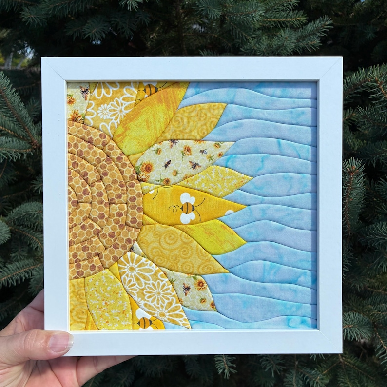Sunflower Art | Kinusaiga Fabric Art | Fabric Mosaic | Honey Bee Decor | Flower Wall Art image 2