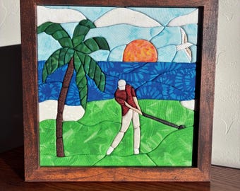 Golf Wall Decor, Handmade Kinusaiga Art, Framed Fabric Mosaic Artwork, Tropical Sunset Golf Scene