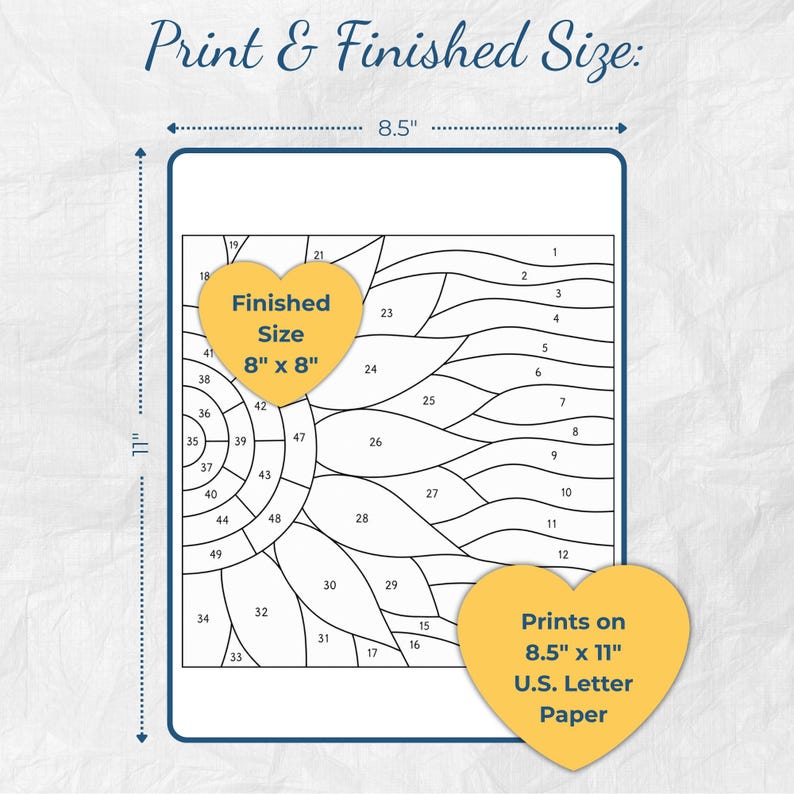 May include: A black and white numbered pattern for a stained glass project on an 8.5 inch by 11 inch sheet. The design features a circular center with radiating petals. Two yellow heart-shaped labels indicate a finished size of 8 inches by 8 inches.