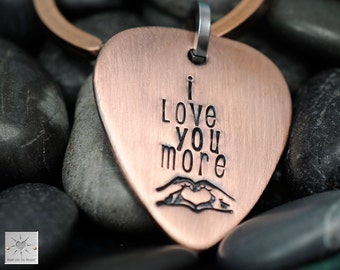 I Love You More - Personalized Copper Guitar Pick Keychain - Custom Key Chain - Modern Claddagh - Hand Heart - Valentine's Day Gift